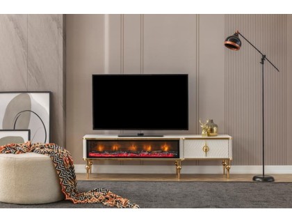 Derya tv sehpası şömineli ekru renk gold ayak-detay