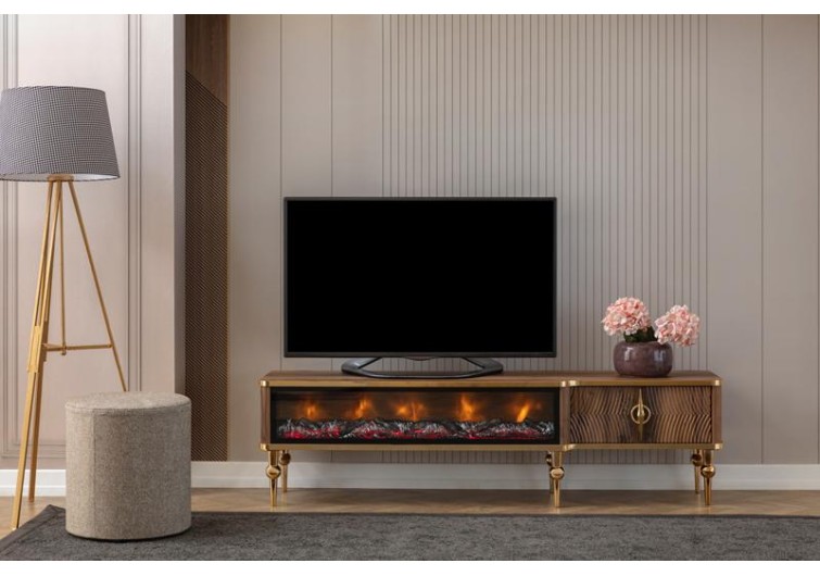 Derya tv sehpası şömineli ceviz renk gold ayak-detay